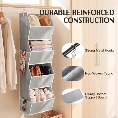 Libeder 4 Shelf Hanging Closet Organizer and Storage, Grey | Anti-Sagging Closet Hanging Shelf with Mesh Side Pockets, Space-saving Fabric Hanging Storage Bins for Cloths with Hooks - Image 4