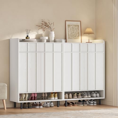 Shoe Cabinet Storage for Entryway with Doors, 6 Tier Fluted Shoe Organizer with Drawer & Adjustable Shelves, Freestanding Hidden Shoe Rack for Front Door Entrance, White - Image 4