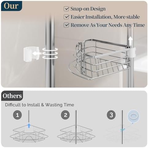 Consumest Corner Shower Caddy Tension Pole - Rustproof Shower Shelves with Towel Bar & Soap Holder, Adjustable Bath Organizer for Bathroom Storage, 27.6-108.3 inch, Silver - Image 4