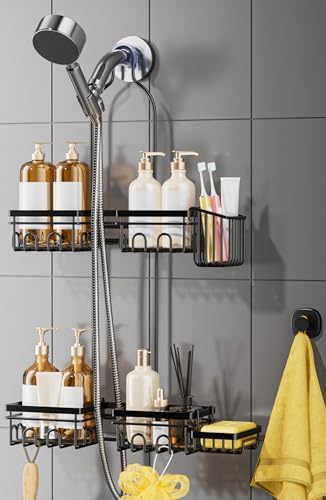 DAOYA Shower Caddy Hanging - Shower Caddy for Handheld Shower Heads with Soap holder, Toothbrush Holder & Suction Hook, Universal 0.82-inch Fit with Non-Slip Rubber Pad, Black by DAOYA