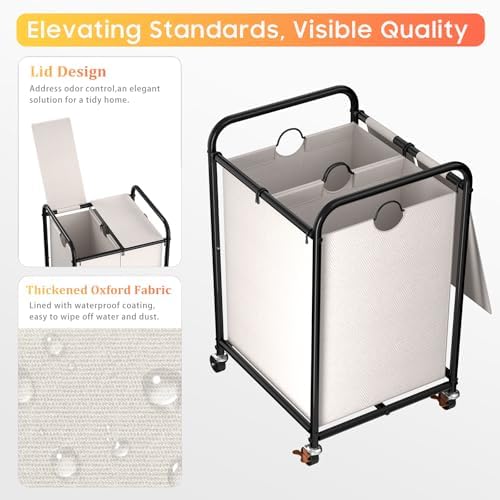 120L Laundry Sorter 2 Section, Rolling Laundry Basket with Wheels ＆ Lid - Image 4