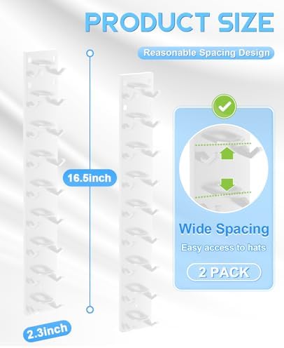 2 Pack Hat Organizer for Baseball Caps, Strong Adhesive Hat Rack for Wall, Multilayer Hat Storage Display Holder for Door Closet, Cap Organizer Storage Wall Mounted Hat Hooks Hold up to 18 Hat (White) - Image 5
