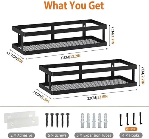 PUSDON 2-Pack Minimalist Shower Caddy Wall Mount, Open Frame Bathroom Shelf Organizer with Mesh Base, Rustproof Floating Spice Rack for Kitchen, Holds 50 LBS, 4 Hooks - Matte Black, Guardrail - Image 3