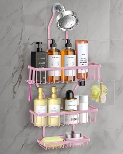 Pink Shower Caddy for Bathroom - Never Rust Hanging Shower Organizer with Soap Basket and Hooks - Large Capacity 3 Tier Aluminum Over The Showerhead Caddy by MSAICOE