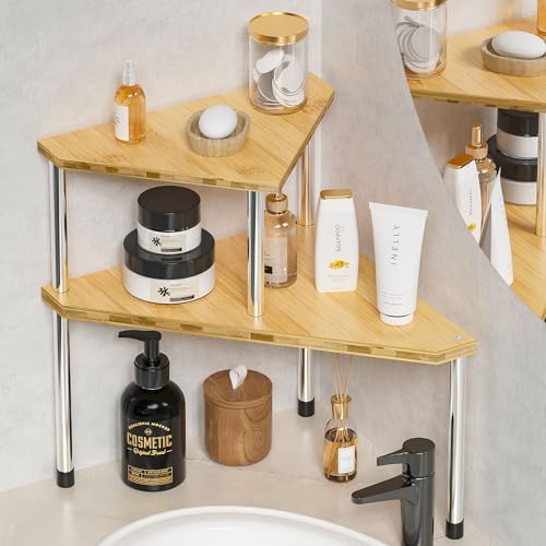 Weenson Bathroom Organizer Countertop Corner Shelf – 2 Tier Bathroom Organization Bamboo Spice Rack Kitchen Countertop Organizer Space Saving Storage Shelves Living Room Office Home Decor by Weenson