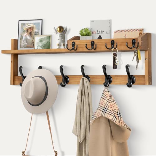 Coat Rack Wall Mount with Shelf, 27.5" Entryway Wall Hanging Shelf, Coat and Key Hanger with 10 Dual Hooks, Mail Organizer and Key Holder Hat Rack for Wall, Wood Coat Hooks with Storage by GODDGITT