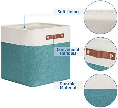 Temary Fabric Storage Cubes 13x13 Storage Baskets for Organizing, 4Pack Large Fabric Storage Bins with Handles Cube Storage Baskets for Storage Clothes, Books (White&Teal) - Image 3