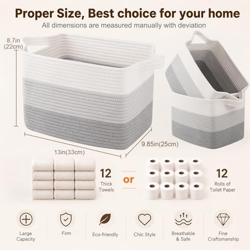 OIAHOMY Cotton Rope Storage Baskets for Organizing Gradient Gray 3-Pack - Image 5