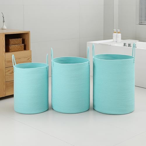 Laundry Basket Hamper Tall Rope Storage Woven for Blanket toys Dirty Clothes in Living Room Bathroom Bedroom (Cyan, 60L/15.8Gal) - Image 5