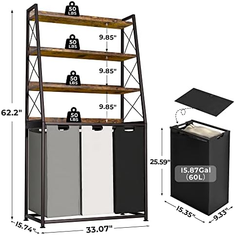 Herture Laundry Basket, 3 Section Laundry Hamper with 4 Tiers Shelf, Pull-Out and Removable Laundry Bags, Large 3 x 15.87 Gallons, for Laundry Room Bathroom Rustic Brown PF05XLN - Image 5