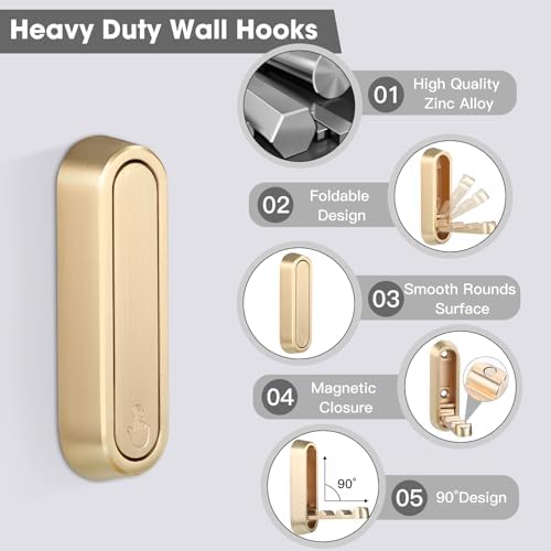 Folding Coat Hooks, Gold, 6 Pack, Wall Hook, Hanging Towels Clothes Bag - Image 2