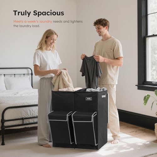 SOLEDI 180L Double Laundry Hamper with Lid and 2 Side Pockets, Dual Hamper - Image 3