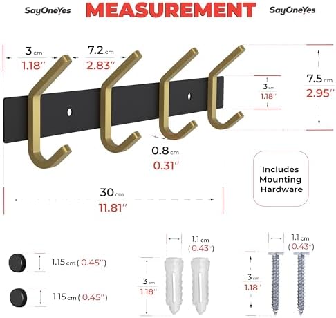 Coat Rack Wall Mount – Black and Gold Hook Rail with 4 Double Coat Hooks, 12 Inch Stainless Steel Wall Hooks for Entryway, Bathroom, Bedroom, Closet, Towel, Hat, Bag, Heavy Duty Organizer - Image 2