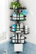 Corner Tension Pole Shower Caddy, 4 Tier Rustproof Shower Tension Rod Organizer with Soap Holder & Hooks, Adjustable 33-125 Inch Bathroom Shelf for Renters - Family Stand Storage Rack, Black by Dimyno