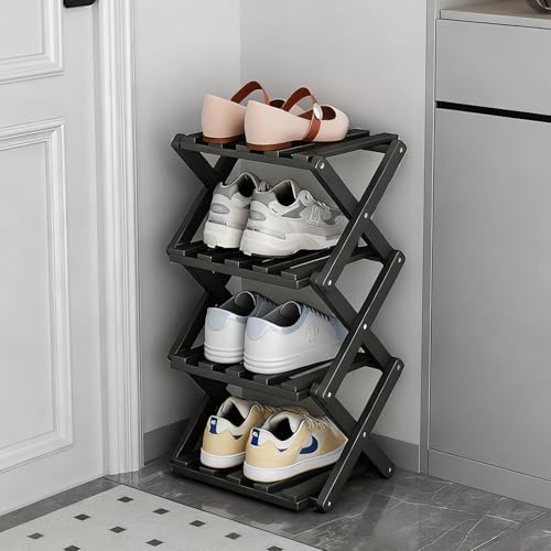 Vertical Black Shoe Rack Small, 4 Tier Portable Folding Shoe Storage Rack, Without Installation Free Standing Shoe Rack for Corridors, Bedrooms Living Room Corner and Small Spaces by Akloya