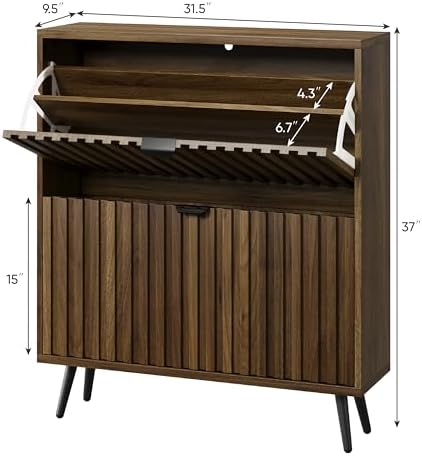 Smuxee Shoe Cabinet with 2 Flip Drawers, 31.5" Walnut Hidden Shoe Storage Cabinet with Fluted Design, Freestanding Shoe Organizer Cabinet for Entryway, Hallway, Closet, Living Room - Image 2