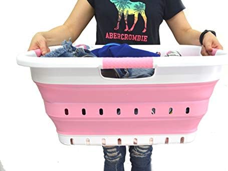 SAMMART 41L Collapsible 3 Handled Plastic Laundry Basket - Foldable Pop Up Storage Container/Organizer - Portable Basket - Space Saving Hamper/Basket (3 handled rectangular, White/Pink) - Image 6