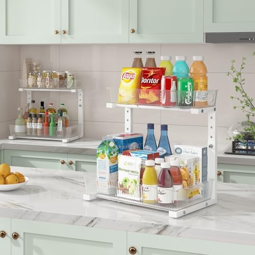 ADRIMER Under Sink Organizer 2 Packs, Pull Out Kitchen Sink Organizer, 2 Tier Slide Out Kitchen Organizers and Storage Bathroom Under Cabinet Storage Shelf, Transparent & White - Image 6