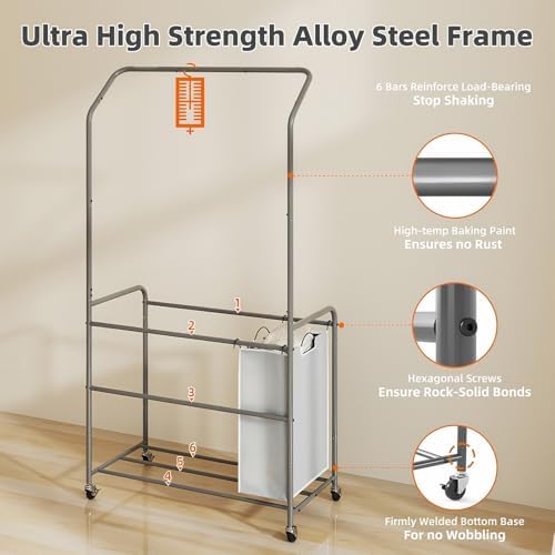 ROMOON Laundry Hamper Sorter Cart, 4 Section Organizer with Hanging Bar - Image 3