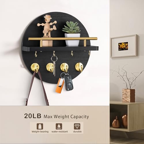 10.2" Key Holder Wall Mount with Shelf & Mail Organizer, 8 Hooks Black - Image 4