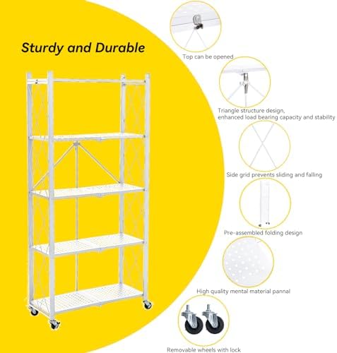 BRIAN & DANY 5-Tier Foldable Storage Shelves with Wheels, Folding Metal Rack Shelving Unit, Heavy Duty No Assembly Organizer Shelf for Garage, Kitchen, Basement, Pantry, White - Image 4