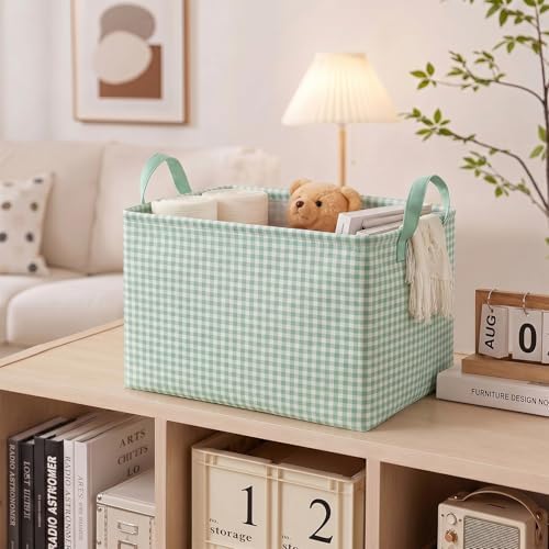 Hushee Green Gingham Basket Checkered Storage Collapsible Bin with Handles - Image 4