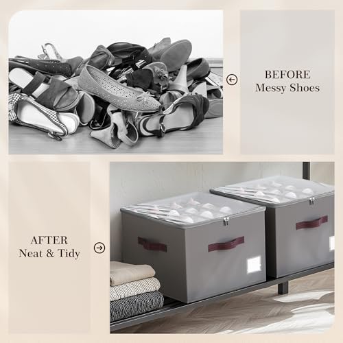 Criusia Shoe Organizer for Closet, 3 Pack Shoe Organizer with Transparent Cover and Sturdy Handles, Closet Shoe Storage for Sneakers Sandals Slippers, Fit 12-16 Pairs, Gray - Image 2
