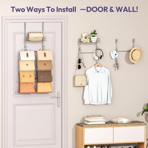 SWTYMIKI Over the Door Purse Organizer - Wall Mounted Handbag Organizer with 10 Hooks and Metal Basket, Hanging Purse Storage Rack Holds up to 10 Bags, Bag Rack Can Use As 1/2 Part, for Door, Closet - Image 5