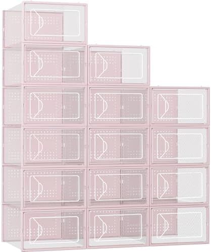 Foluck Shoe Storage Box, 15 Pack Clear Plastic Stackable Organizer for Closet, Interlocking Design Shoes Container Bins for Sneakers, Foldable Shoe Rack with Lids, Pink by Foluck