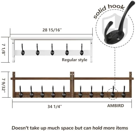 AMBIRD 34.2 inch Wooden Extra-Long Wall Hook Rack with Shelf - Versatile and Decorative Wall-Mounted Storage - 10 Hooks for Hanging Coats, Hats, Scarves - Ideal for Entryways, Bedrooms, Closets - Image 5