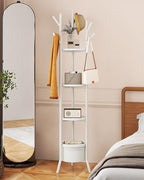 YMYNY Coat Rack, Freestanding Coat Stand with Storage Shelves, Hall Trees with 3 Wooden Shelves and 1 Fabric Basket, Metal Clothes Stand for Hats Bags Hallway Bedroom White UHGR005W - Image 3