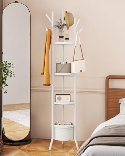 YMYNY Coat Rack, Freestanding Coat Stand with Storage Shelves, Hall Trees with 3 Wooden Shelves and 1 Fabric Basket, Metal Clothes Stand for Hats Bags Hallway Bedroom White UHGR005W - Image 3