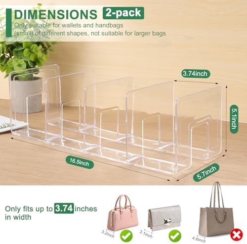 2 Pack Acrylic Purse Organizer for Closet, 8-Slot Bag & Purse Organizer, No Assembly, Clear Handbag Storage Shelf .for Shelf Divider Handbags, Clothes, Sweater - Image 2