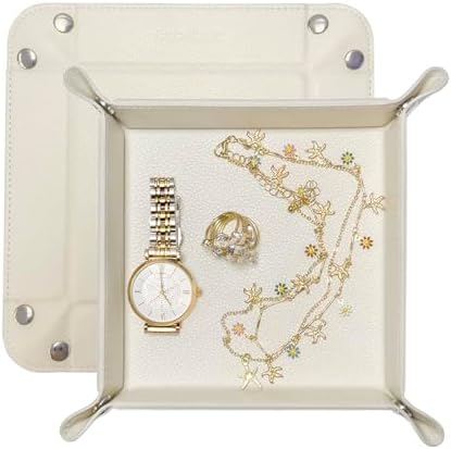 UnionBasic Valet Tray, Jewelry Tray for Rings Watches Earrings, Entryway Catchall Caddy for Coins Keys Change, Nightstand Organizer Bedside Valet Holder, Trays for Electronic Gadgets, Lychee Beige by UnionBasic