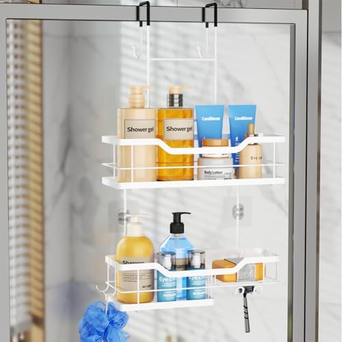 Consumest Over Door Shower Caddy - 2 Tier Shower Shelves Hanging with Soap Holders, Large Capacity Shower Organizer with 4 Hooks, Bathroom Rack and Storage, White by Consumest