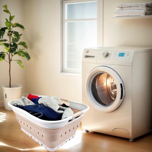 SAMMART 42L (11 gallon) Collapsible Plastic Laundry Basket - Foldable Pop Up Storage Container/Organizer - Portable Washing Tub - Space Saving Hamper/Basket (White/Latte) - Image 3