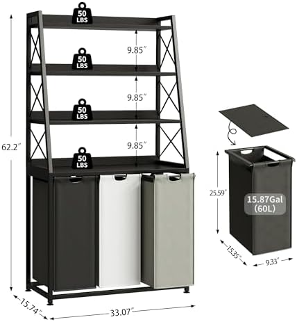 Herture Laundry Basket, 3 Section Laundry Hamper with 4 Tiers Shelf, Pull-Out and Removable Laundry Bags, Large 3 x 15.87 Gallons, for Laundry Room Bathroom Black PF05XLK - Image 3