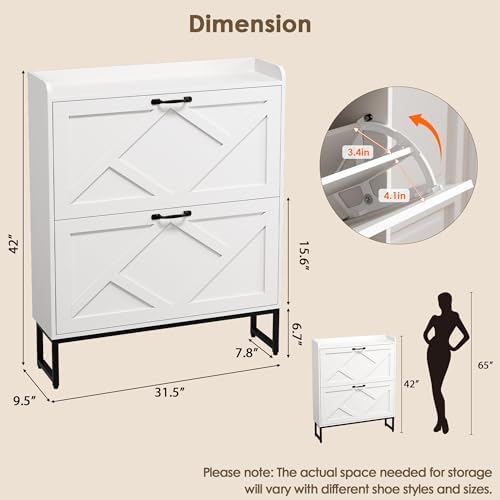 Nicetree Shoe Storage Cabinet with 2 Flip Drawers, Entryway Cabinet, White - Image 2