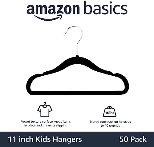 Amazon Basics Kids Space Saving Velvet Non-Slip Clothes Hangers with Shoulder Notches for Infant and Toddler, 11.6", Black, 50-Pack - Image 2