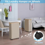 efluky Slim Laundry Hamper with Wheels, Narrow Laundry Basket with Lid and Removable Bag, Aesthetic Dirty Clothes Hamper on Wheels for Laundry Room, Bedroom, Dorm and Bathroom, 75L Beige - Image 2