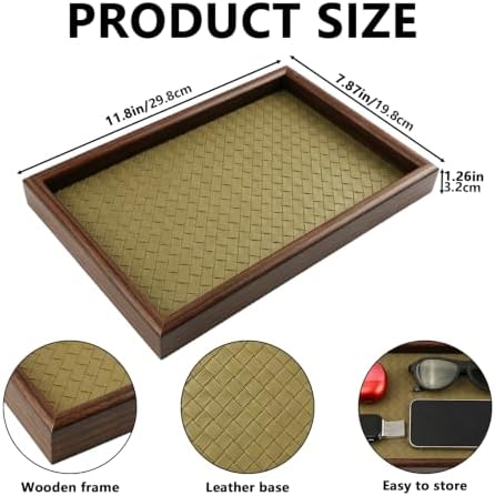 Wooden Valet Tray, 12X8 Inch Desk Organizer with Leather Base, Entryway Bedside Dump Holder for Wallets, Keys, Watches, Jewelry & Sunglasses (Green) - Image 2