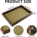 Wooden Valet Tray, 12X8 Inch Desk Organizer with Leather Base, Entryway Bedside Dump Holder for Wallets, Keys, Watches, Jewelry & Sunglasses (Green) - Image 2