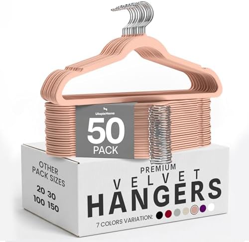 Utopia Home Velvet Hangers, Pink, 50 Pack | Luxury Non-Slip Slim Pant & Coat Hangers | Strong Space-Saving Clothes Hangers | 360° Swivel Hook by UTOPIAHOME