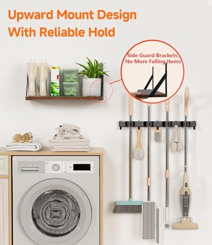 1Pack Broom Holder with Organizer Shelf 4 Broom Slots 5 Removable Hooks - Image 7