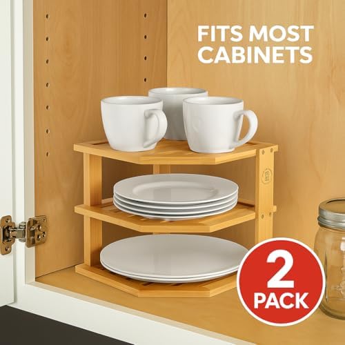 Bamboo Plate Organizer for Cabinet, 3 Tier Corner Shelf Riser, 2 Pack - Image 4
