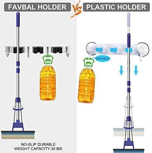 Broom Mop Holder Wall Mount,Favbal Garage Organization Tool Organizer Storage Broom Closet Kitchen Organization Heavy Duty Garage Tools Hanger with 3 Racks 4 Hooks for Home Kitchen Garden Laundry Room - Image 5