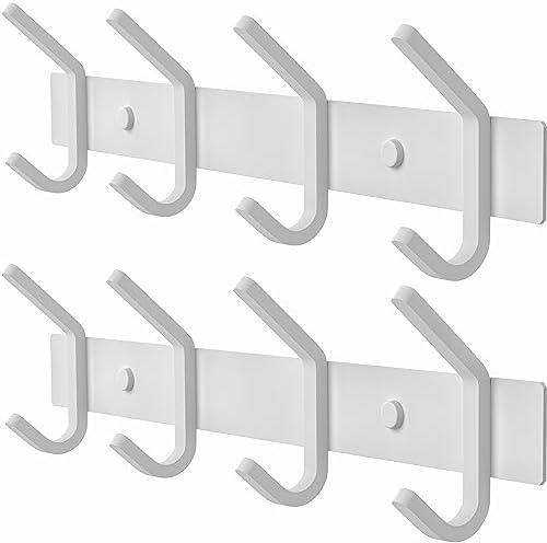 White Coat Rack Wall Mount – 12 Inch Stainless Steel Hook Rail with 4 Heavy Duty Double Coat Hooks – Wall Mounted Coat Hanger for Entryway, Bathroom, Bedroom, Towel, Hat Organizer - 2 Pack by SAYONEYES