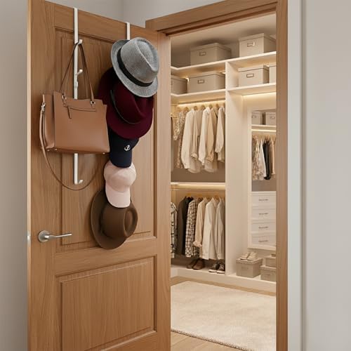MyGift 2 Pcs Over The Door Hat Organizer, Door Hanger Hat Rack Display Storage, 5 Hooks Heavy Duty, for Coat, Scarf, Purse, White Metal - Image 2