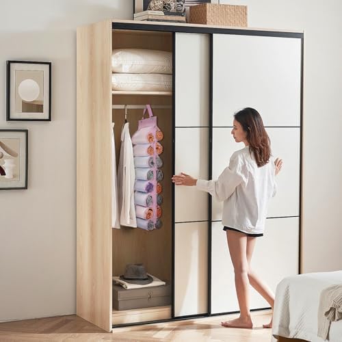 DHSFKBE Legging Organizer Storage, T Shirt Organizer, Foldable Hanging Closet Organizer Storage with 16 Roll Independent Compartments for Yoga Pants, Tank Top, Towel, Underwear (Pink) - Image 2