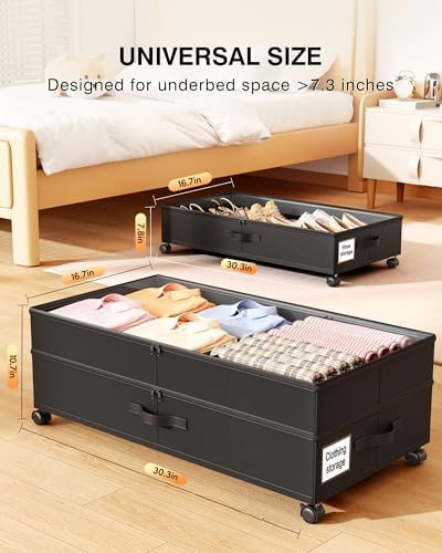 Under Bed Storage with Wheels,2Pack Underbed Shoe Storage Organizer,7.5-10.6 inchTall Adjustable Storage for Underbed with Lids,65L Extra large capacity for Clothes, Blankets,Shoes - Image 2